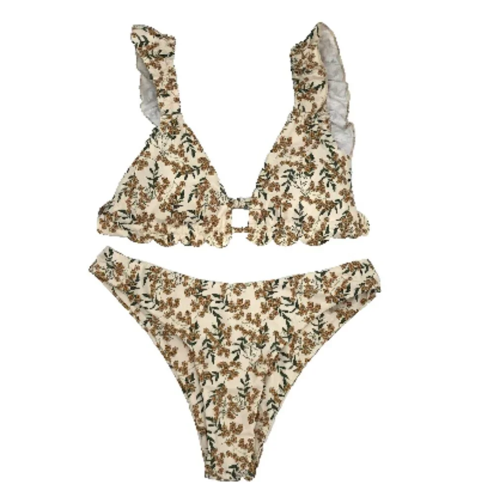 SHEIN Ditsy Floral Bikini 2 Piece Swimsuit Set Ruffle M Flowers Print Beach Cute